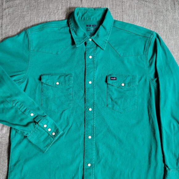 Wrangler Brushpopper Shirt Size XLT Turquoise Solid Pearl Snap Western Yoke - Picture 3 of 10